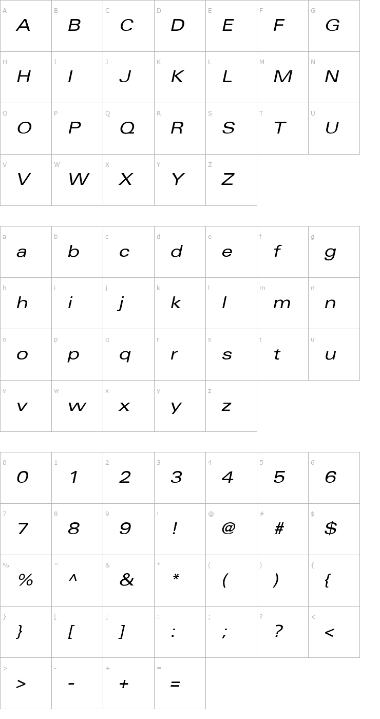 Character Map Univers-ExtendedObl Font