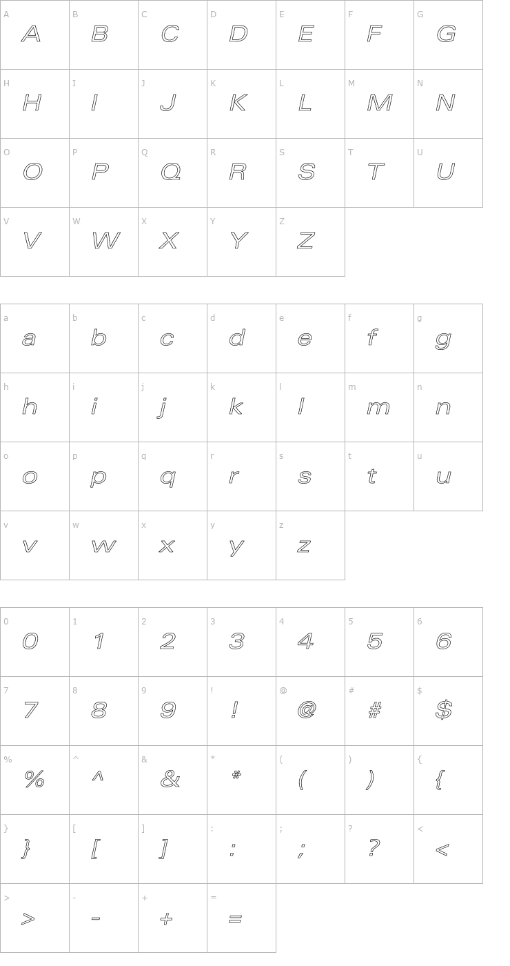 Character Map Univers-ExtendedObl Hollow Font