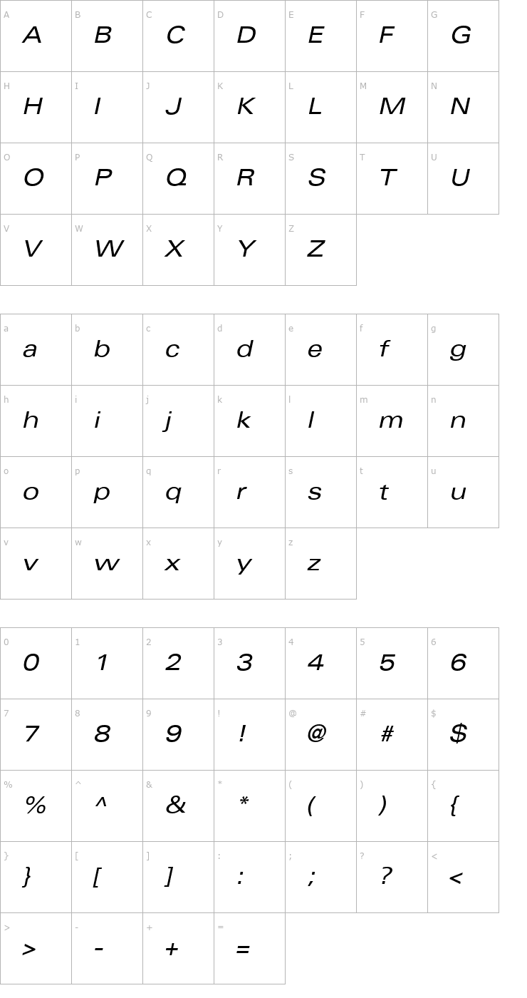 Character Map Univers ExtendedPS Italic Font