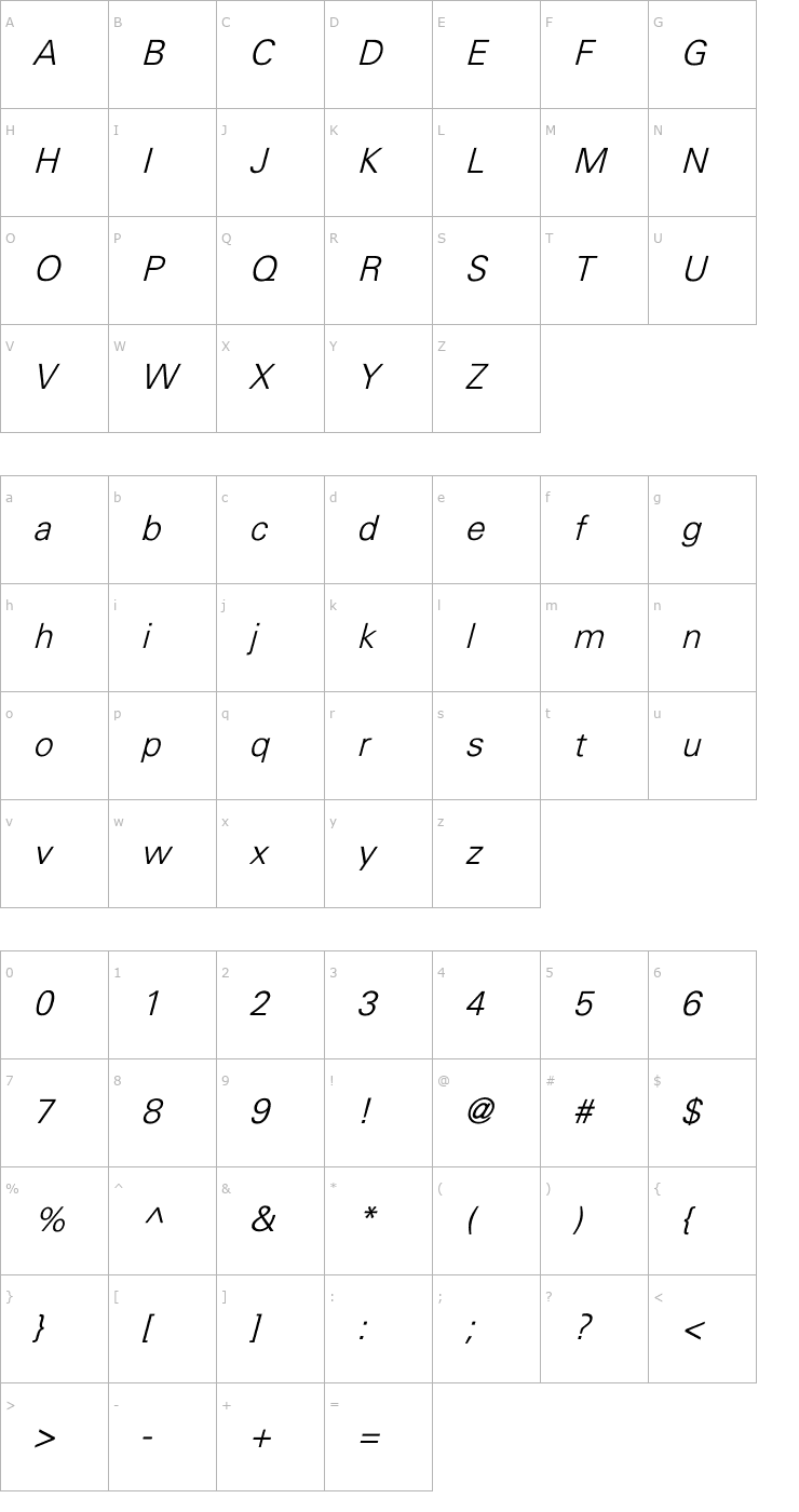 Character Map Univers-Light Italic Font