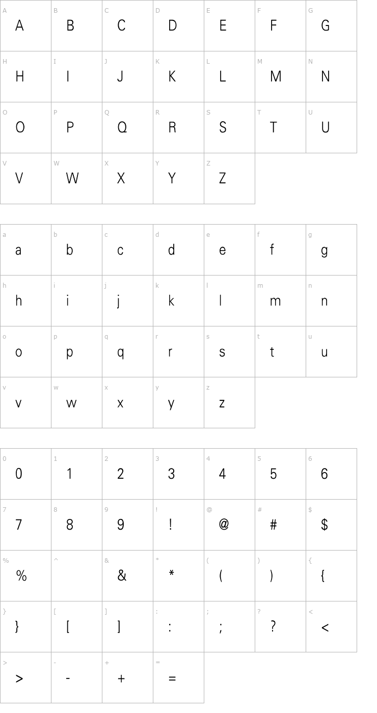 Character Map Univers-Light-Light Thin Font