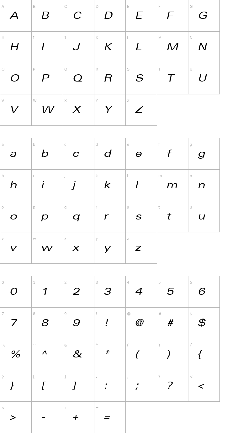 Character Map Univers53-Extended Oblique Font