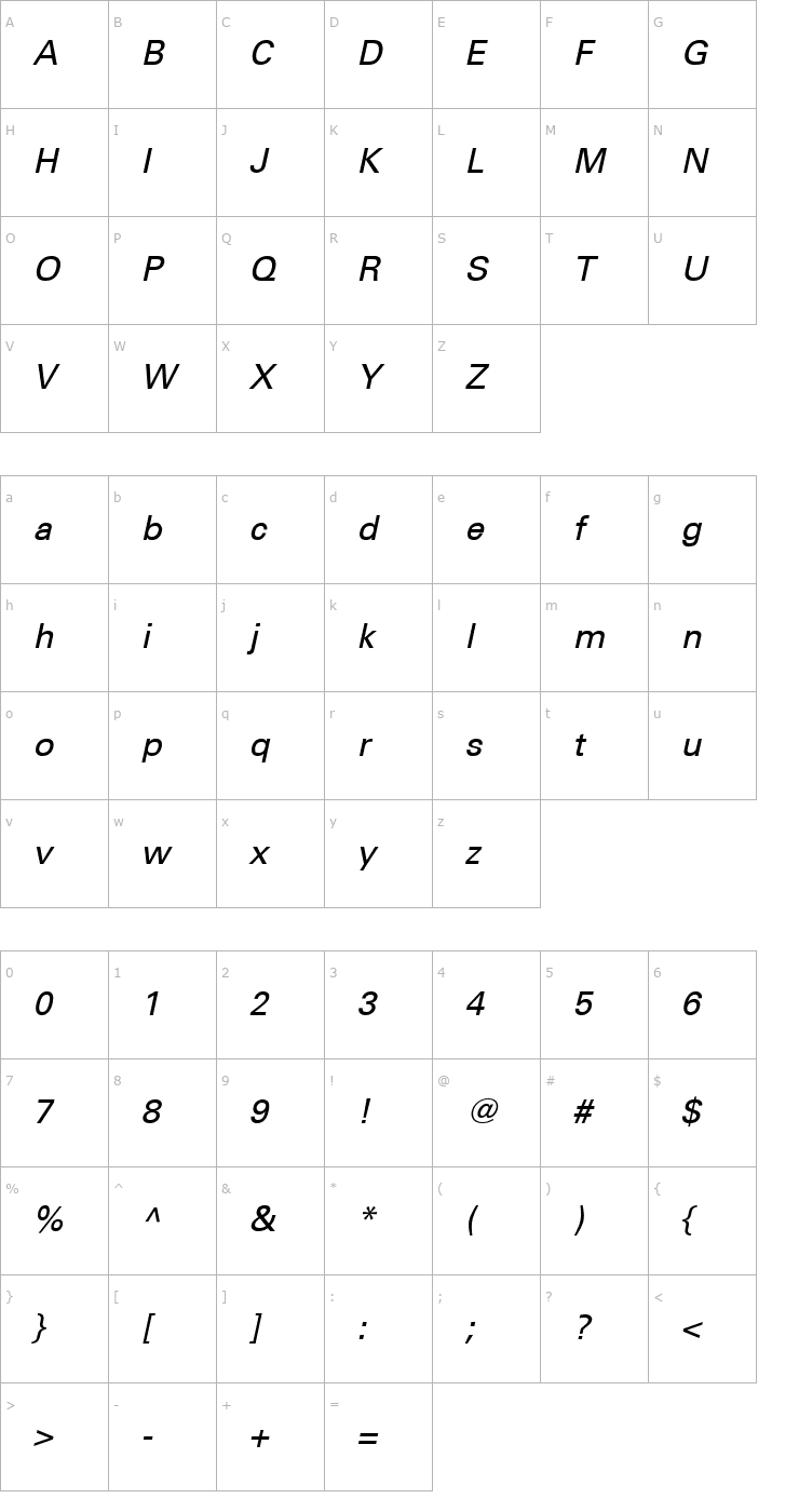 Character Map Univers55-Oblique Font