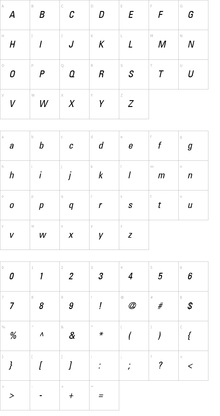 Character Map Univers57-Condensed Oblique Font