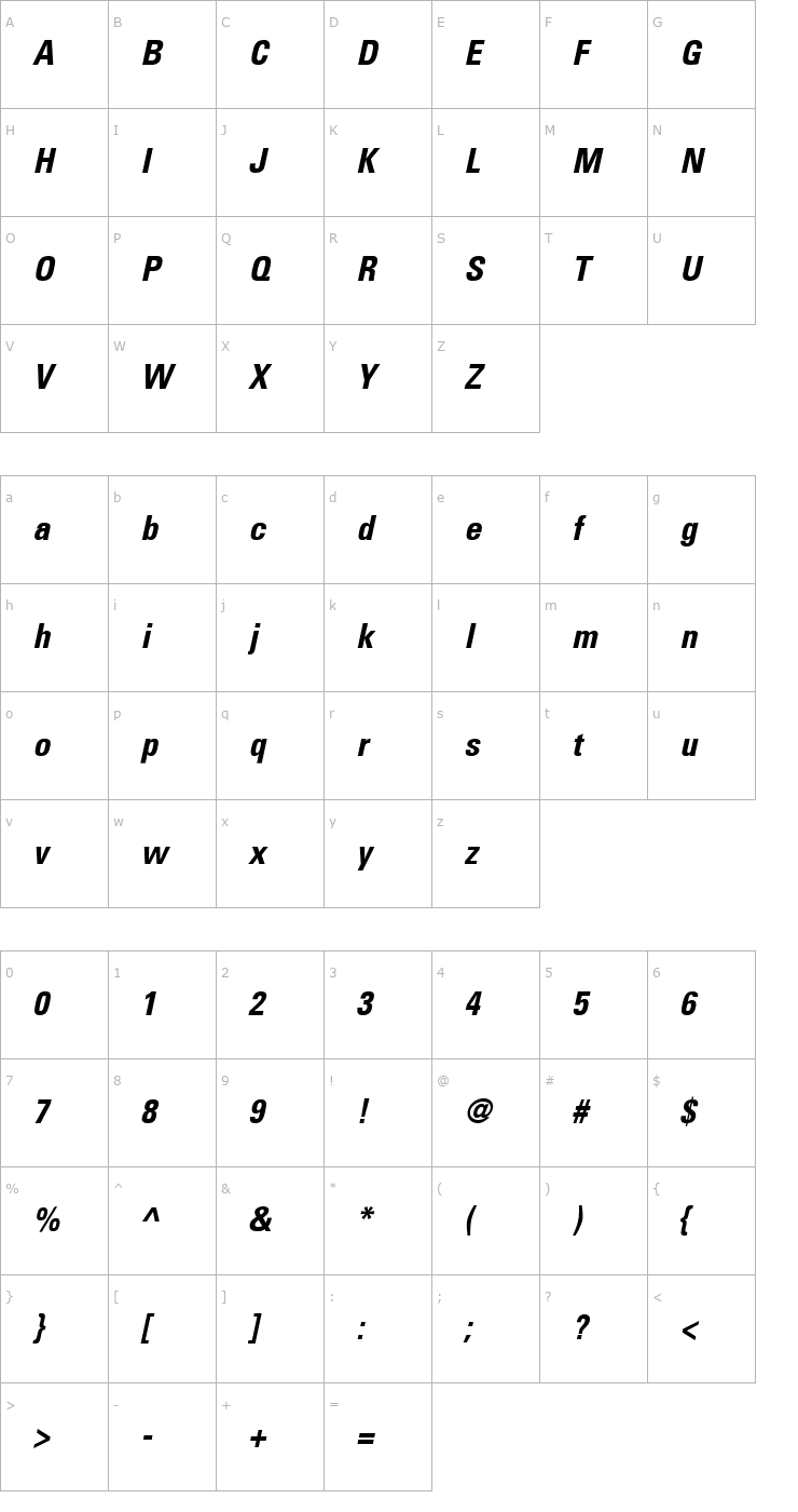 Character Map Univers67-Condensed Bold Oblique Font