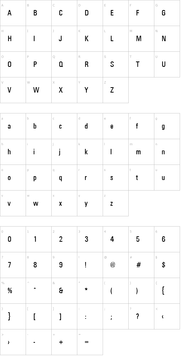 Character Map Universal Condensed Font