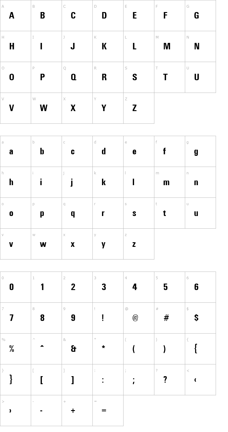 Character Map Universal Condensed Bold Font