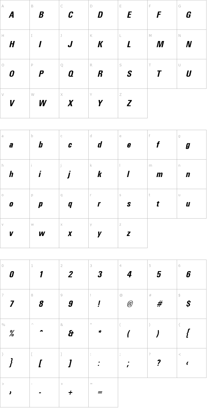 Character Map Universal Condensed Bold Italic Font