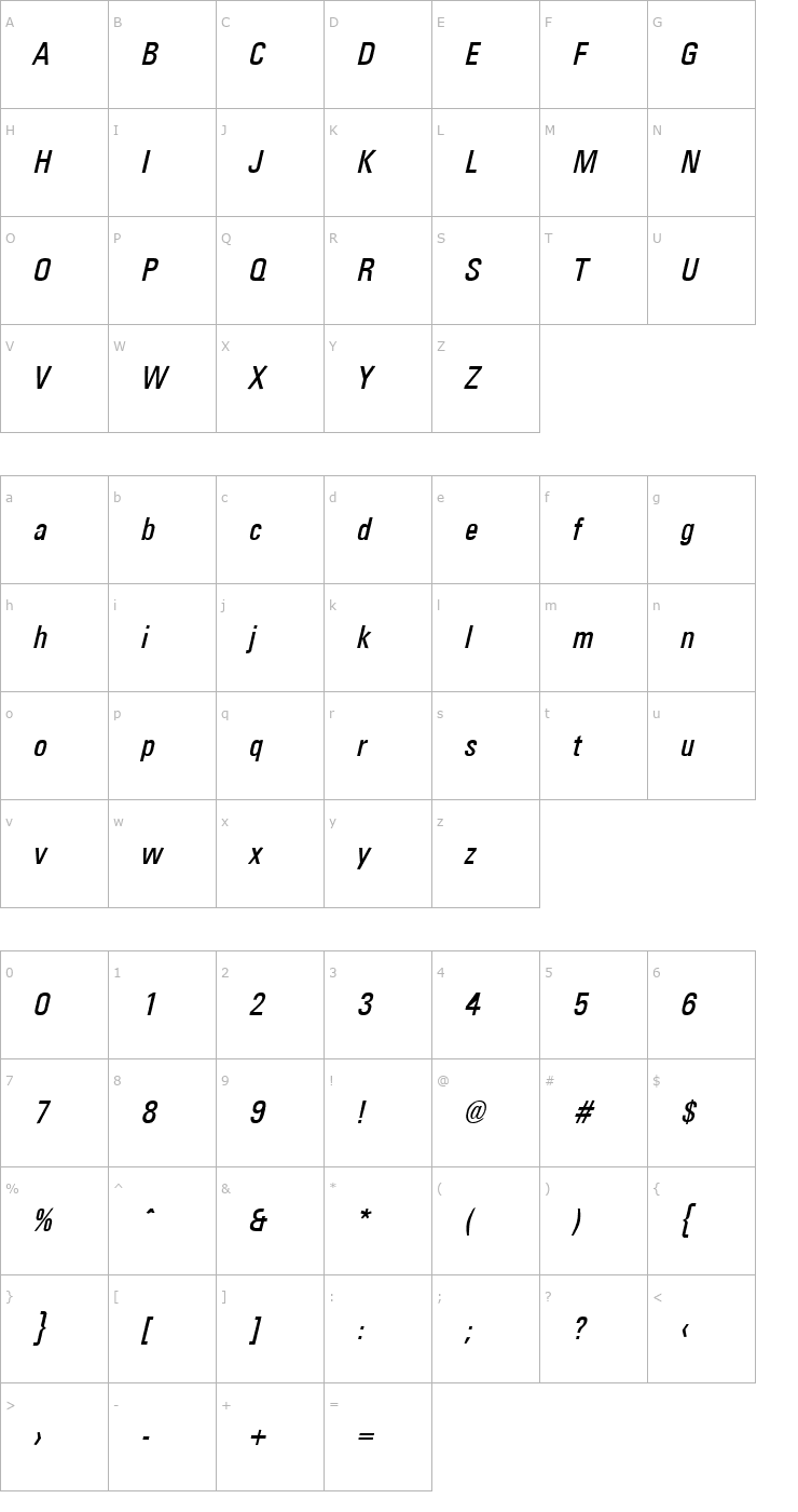 Character Map Universal Condensed Italic Font