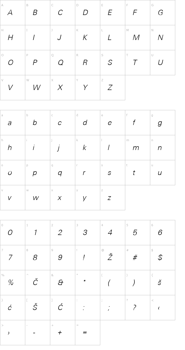 Character Map Universans450_PP-Normal-Italic Font