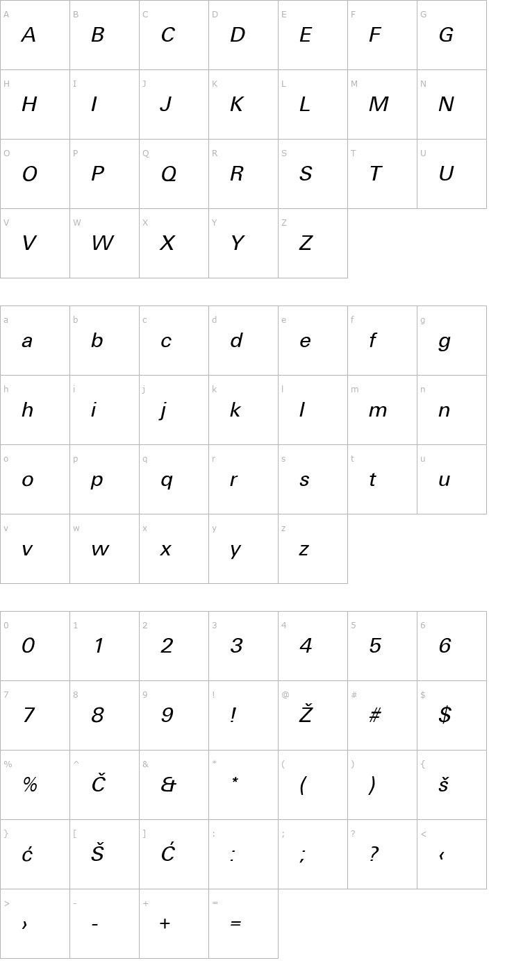 Character Map Universans550_PP-Normal-Italic Font