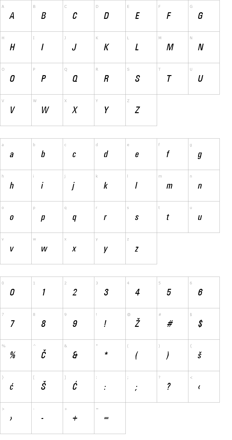 Character Map Universans570_PP-Normal-Italic Font