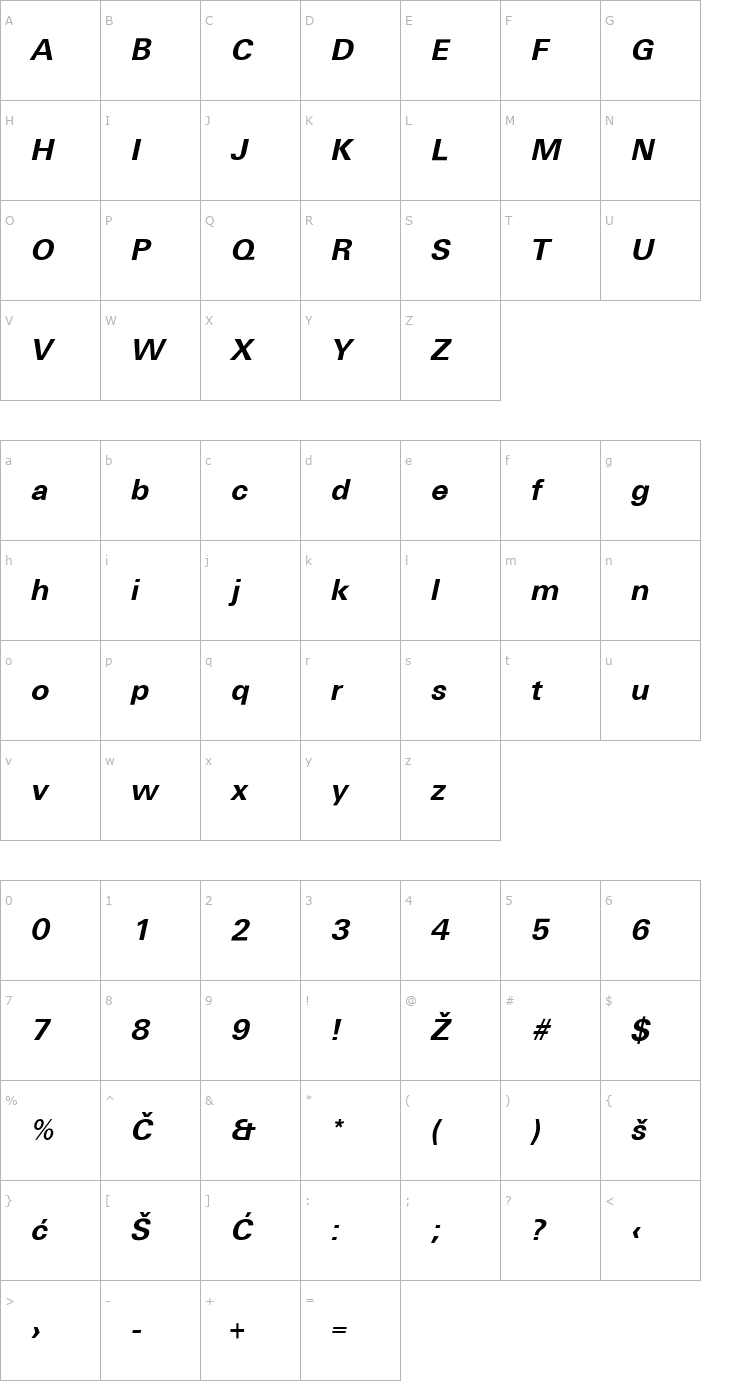 Character Map Universans650_PP-Bold-Italic Font