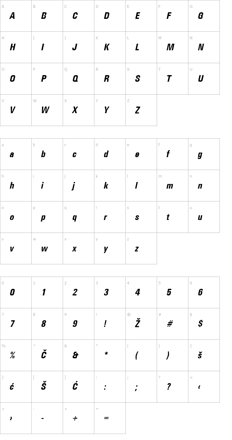 Character Map Universans670_PP-Bold-Italic Font