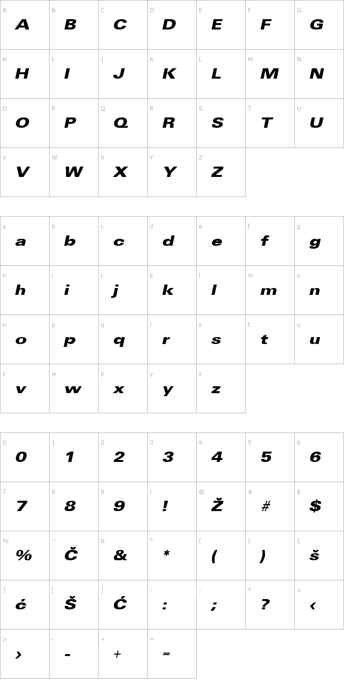 Character Map Universans830_PP-Bold-Italic Font