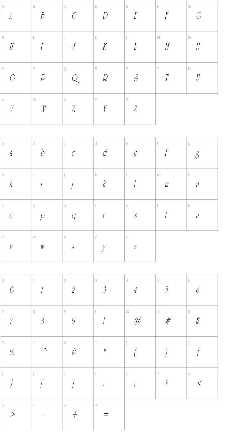 Character Map UniversityOrnateCondensed Italic Font