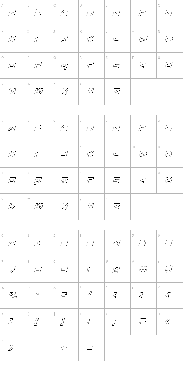 Character Map Uno Estado 3D Italic Font