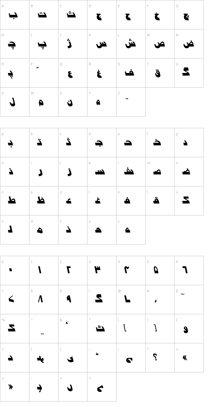 Character Map Urdu7ModernSSK Italic Font