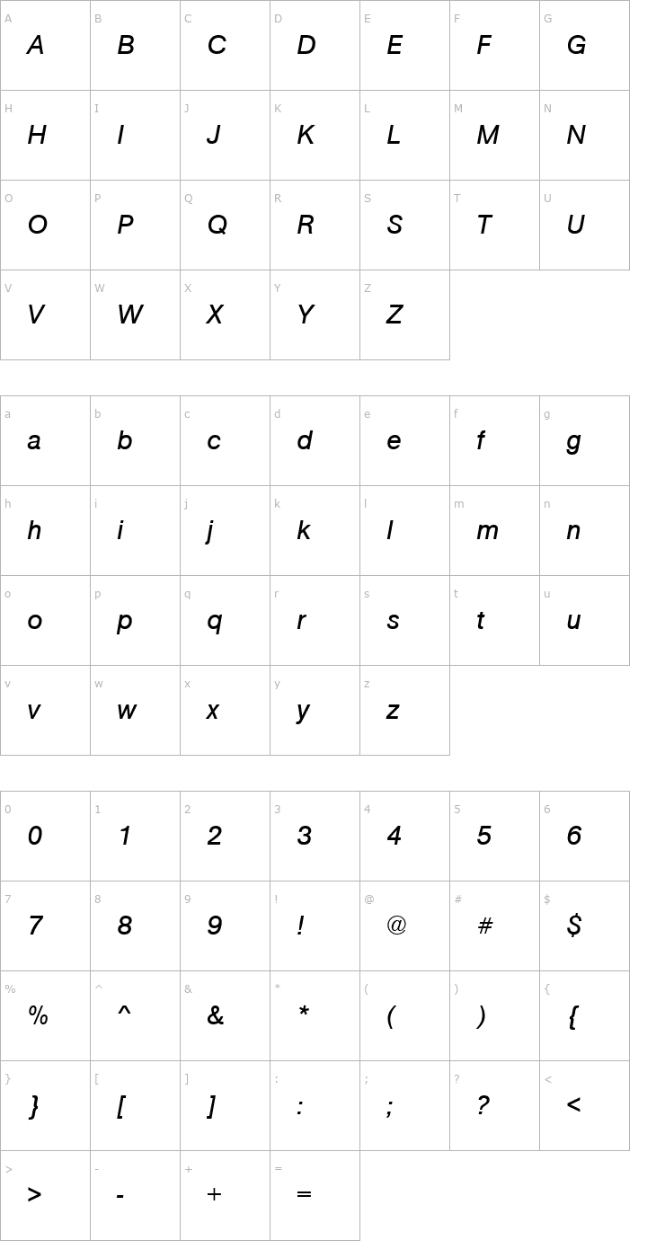 Character Map URWAccidaliaBucT Italic Font