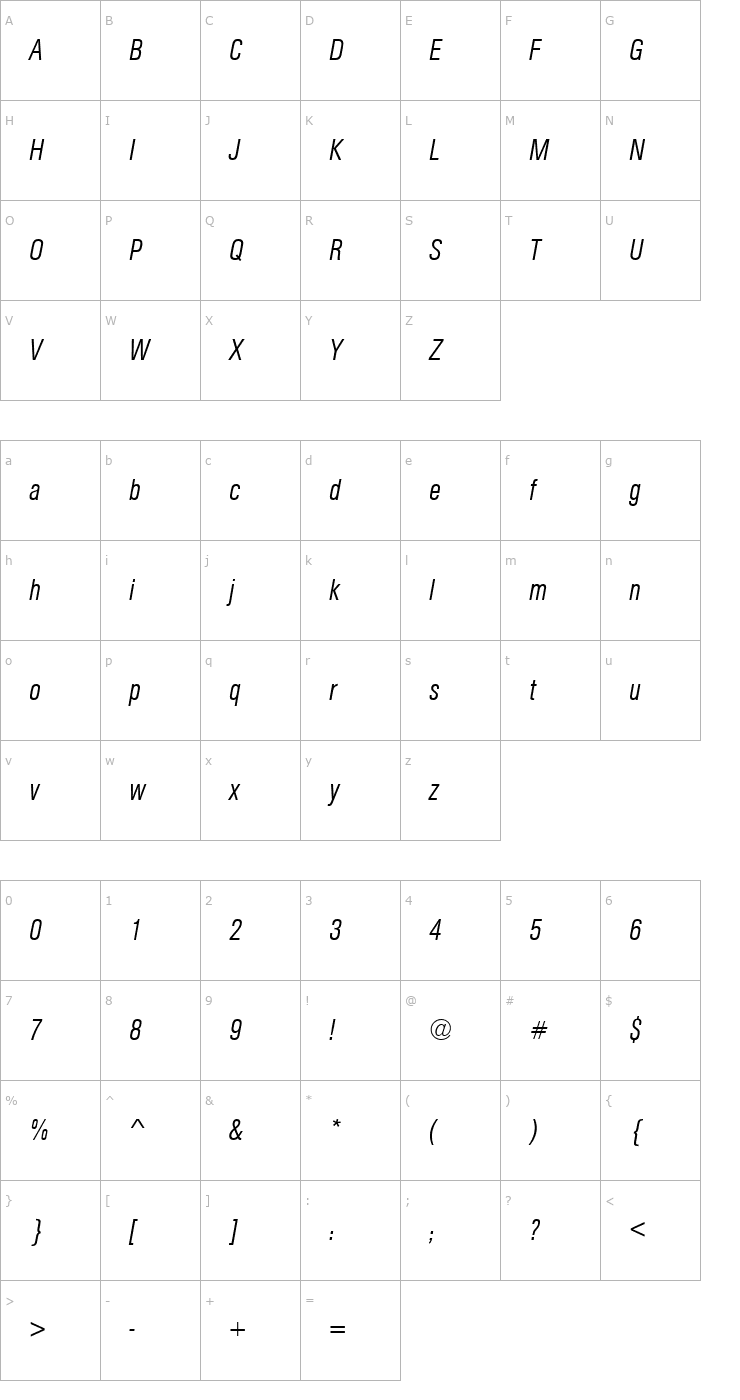 Character Map URWAccidaliaBucTLigCon Italic Font