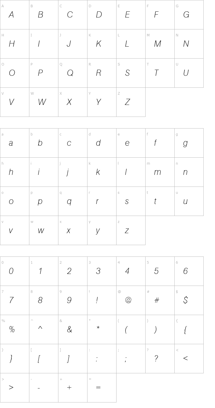 Character Map URWAccidaliaBucTUltLig Italic Font