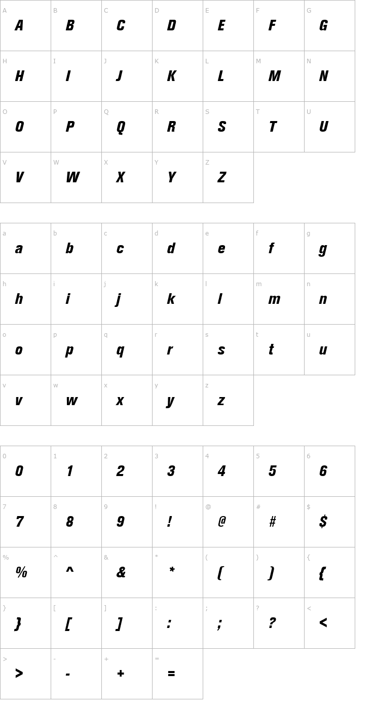 Character Map URWAccidaliaTHeaCon Italic Font