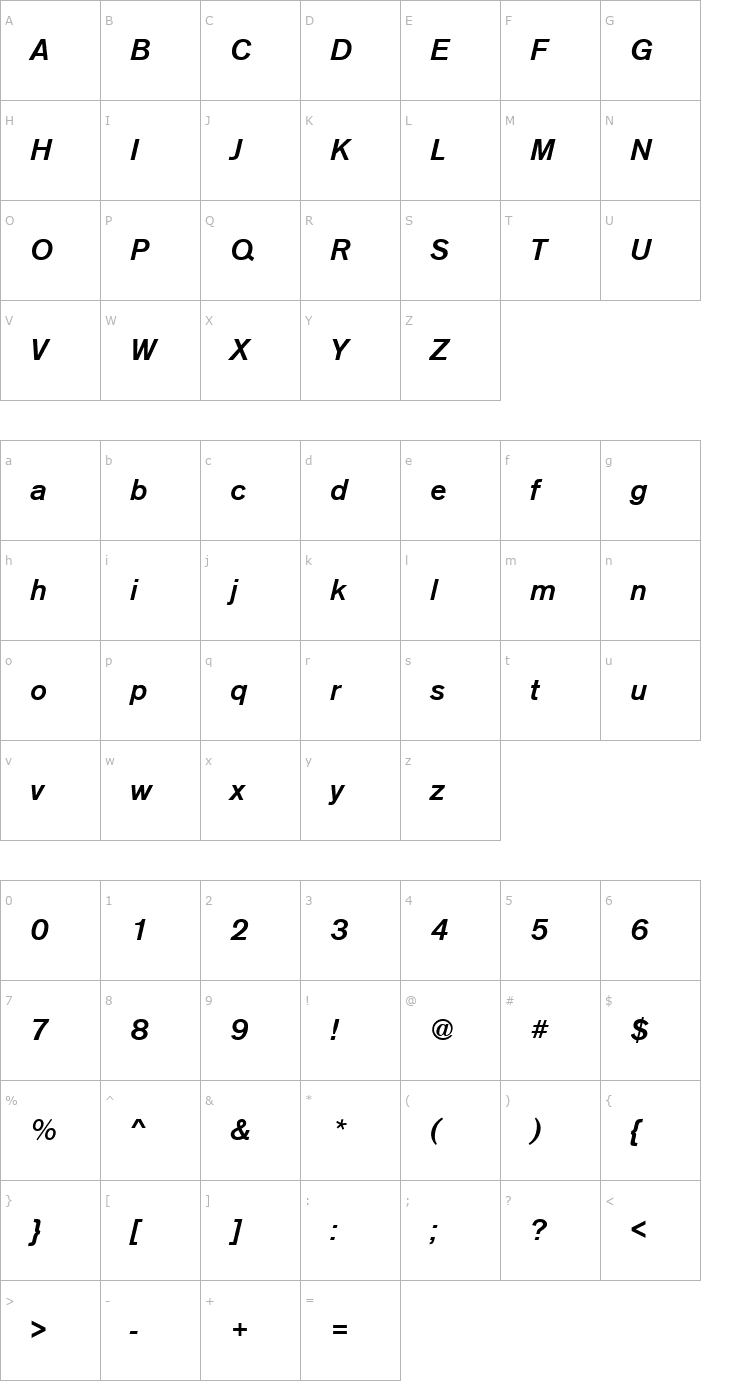 Character Map URWAccidaliaTMed Italic Font