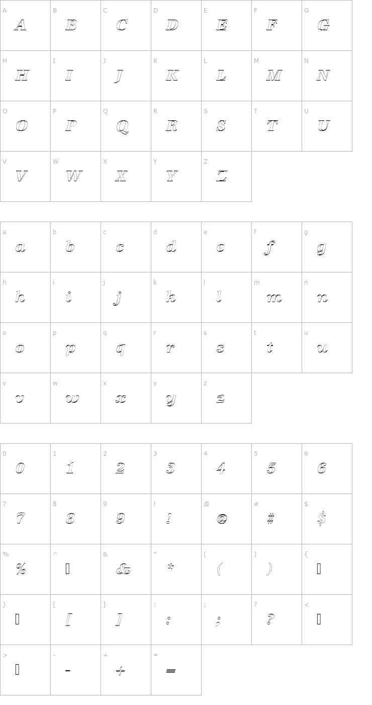 Character Map URWAntiquaTBolItaOu1 Font