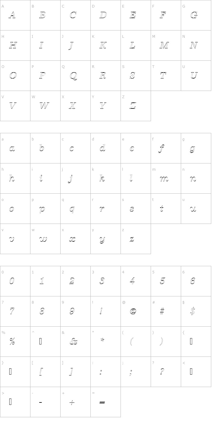 Character Map URWAntiquaTRegItaOu1 Font