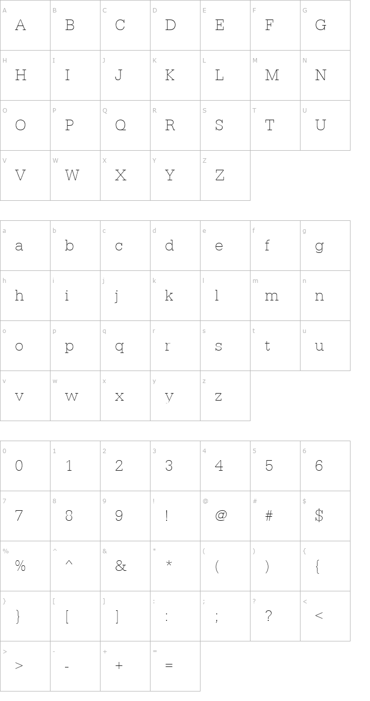 Character Map URWEgyptienneTExtLig Font