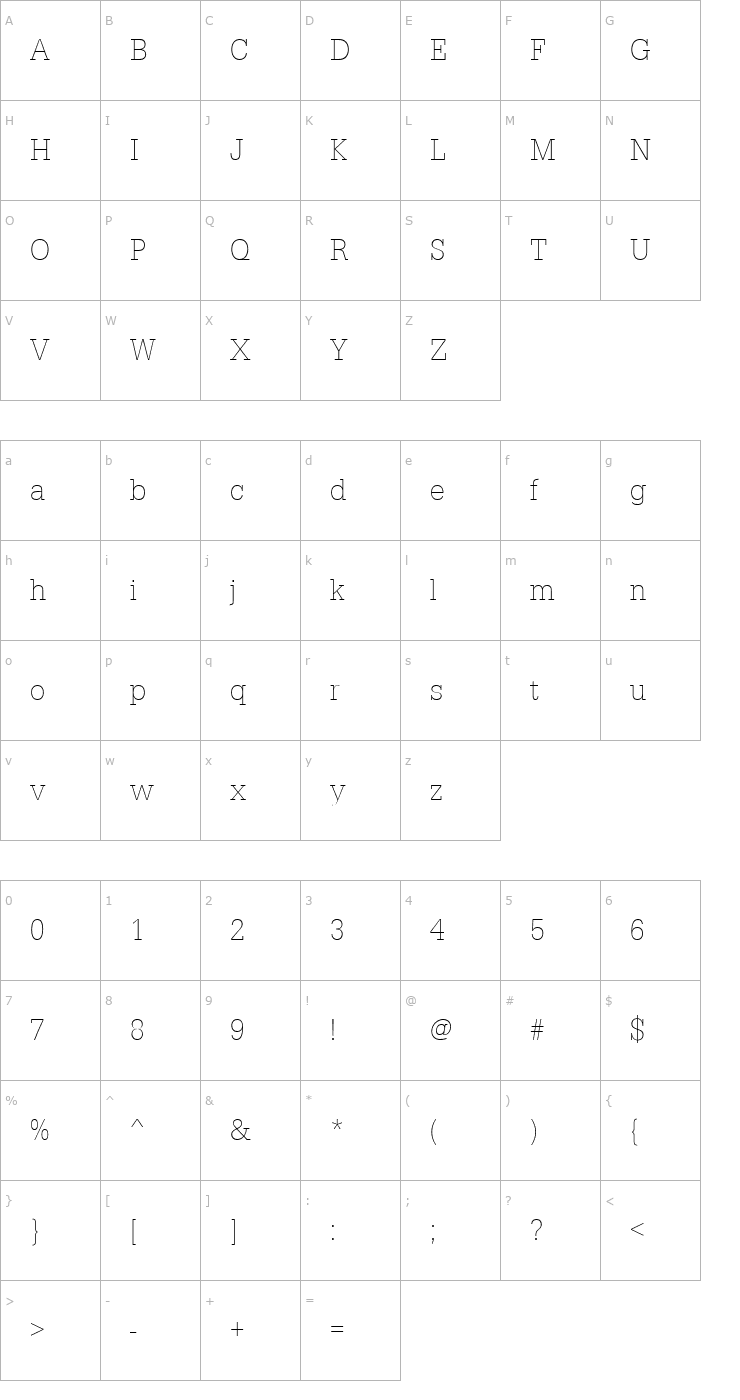 Character Map URWEgyptienneTExtLigExtNar Font