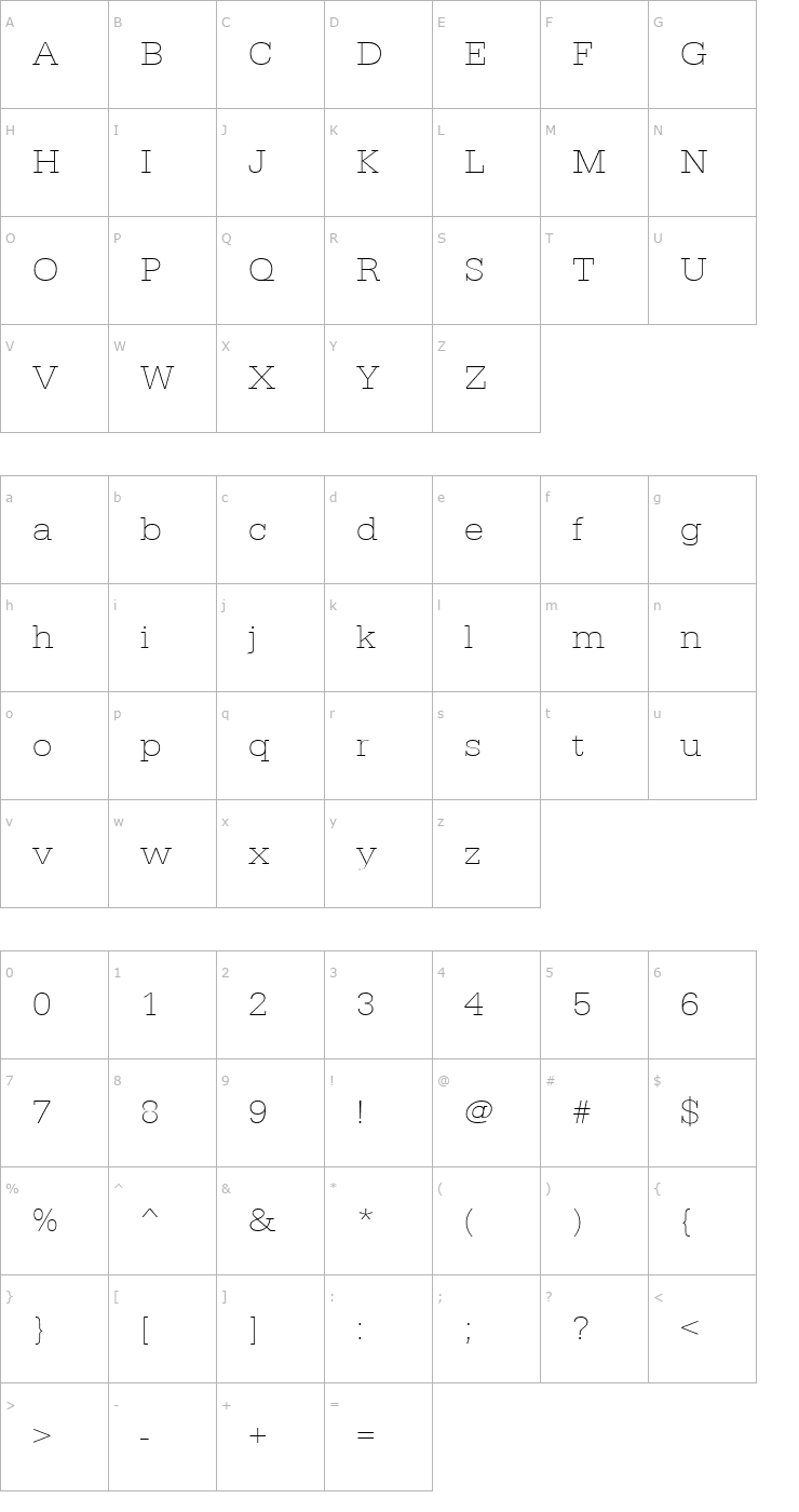 Character Map URWEgyptienneTExtLigExtWid Font