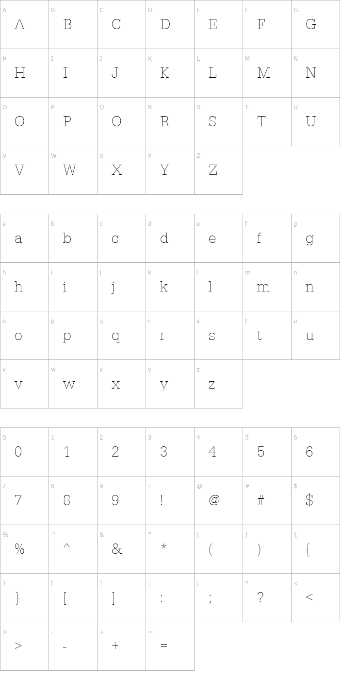 Character Map URWEgyptienneTExtLigNar Font