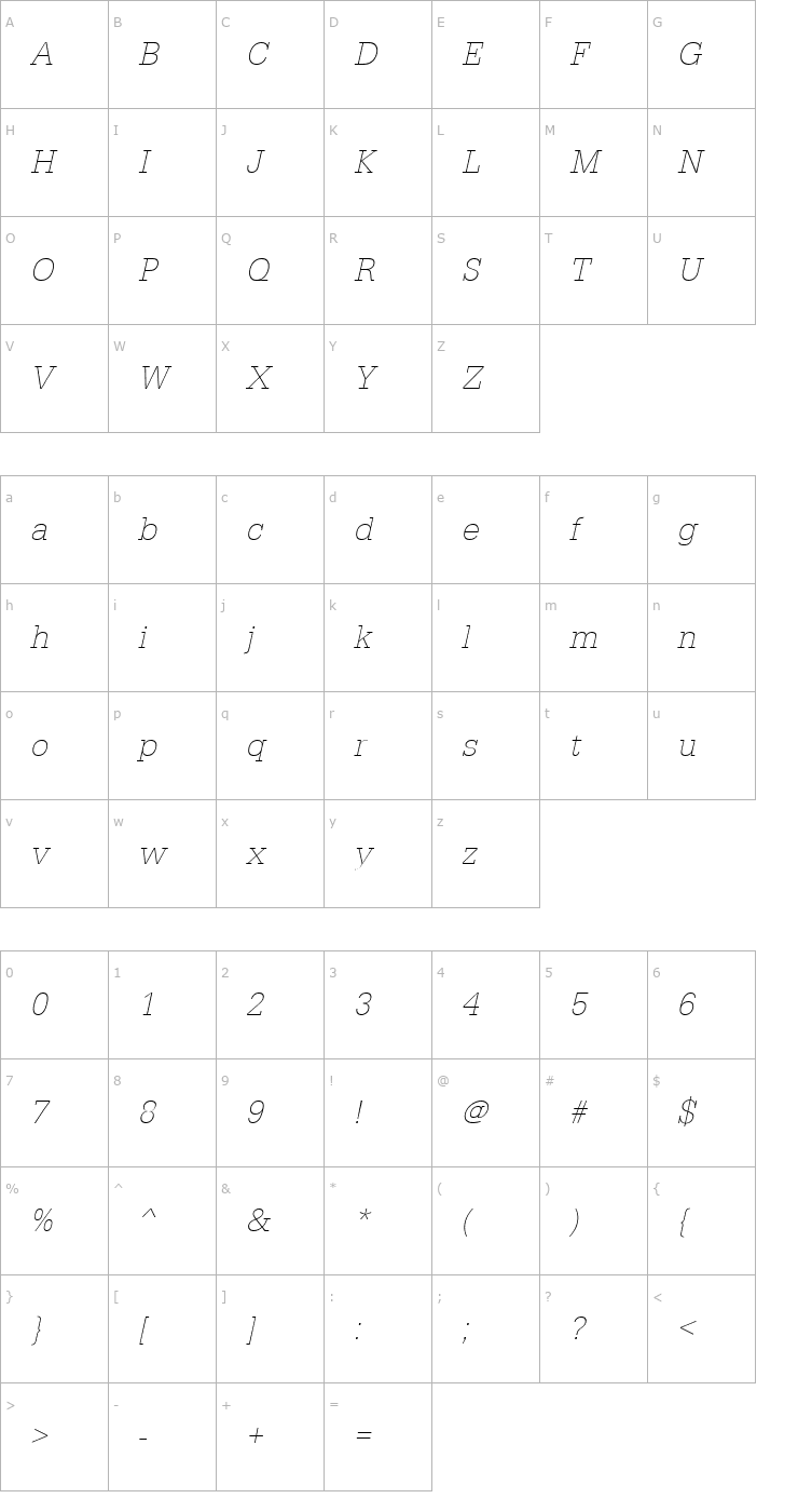 Character Map URWEgyptienneTExtLigNar Oblique Font