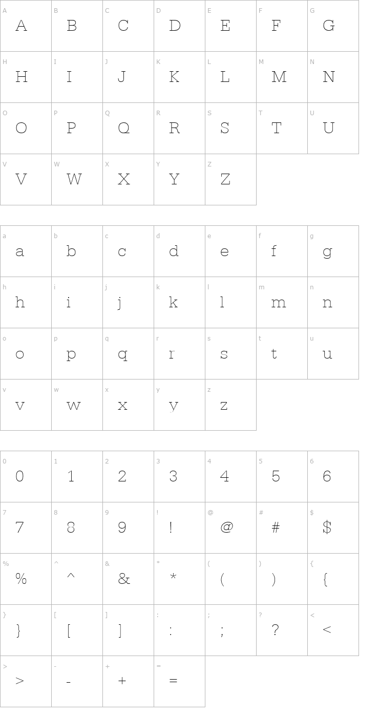 Character Map URWEgyptienneTExtLigWid Font