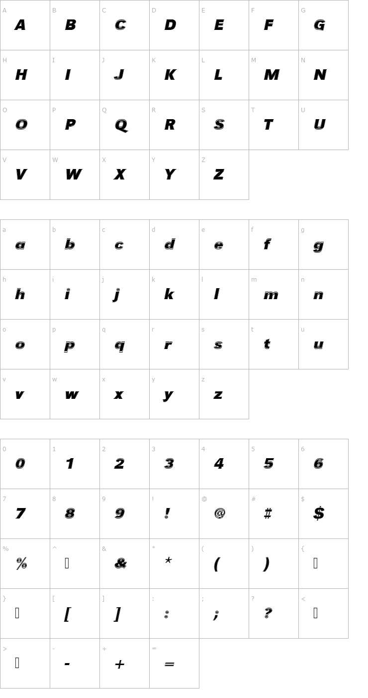 Character Map URWGroteskTBolItaIn1 Font