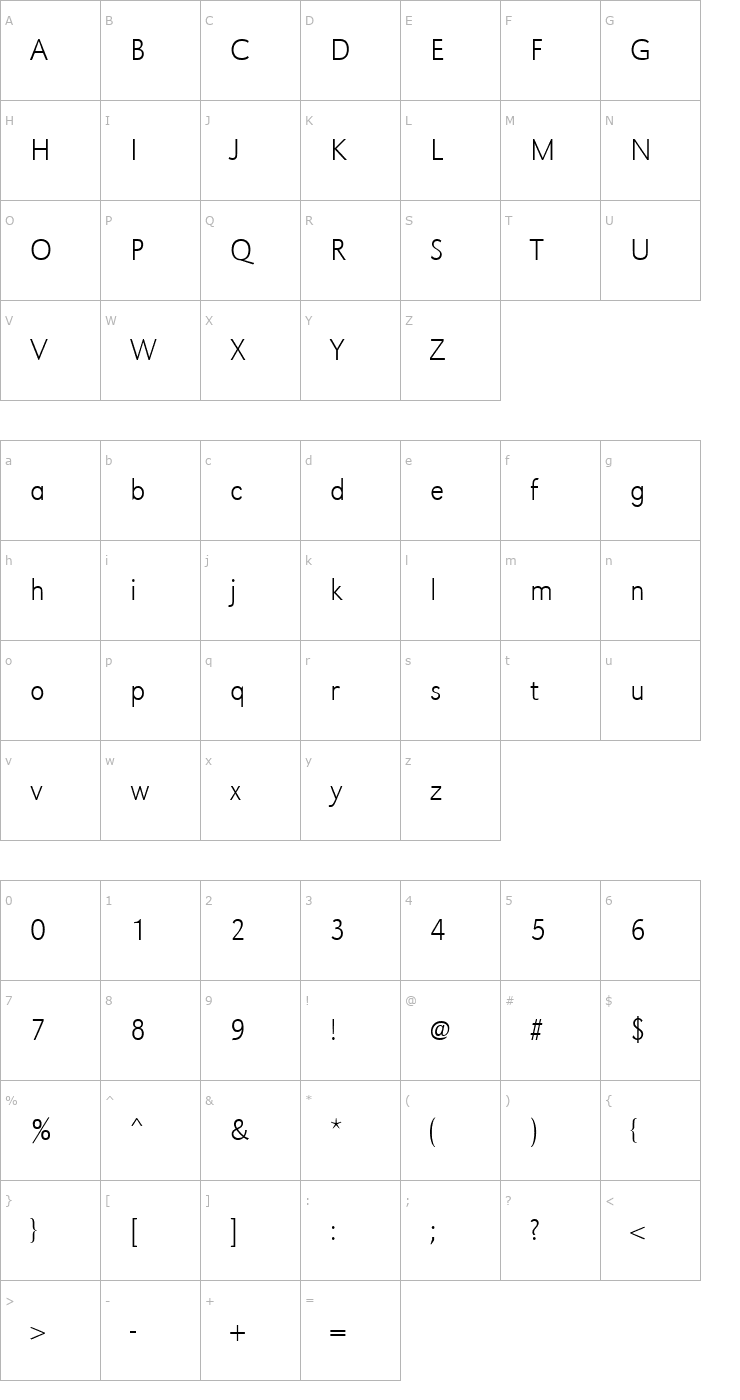 Character Map URWGroteskTExtLigNar Font