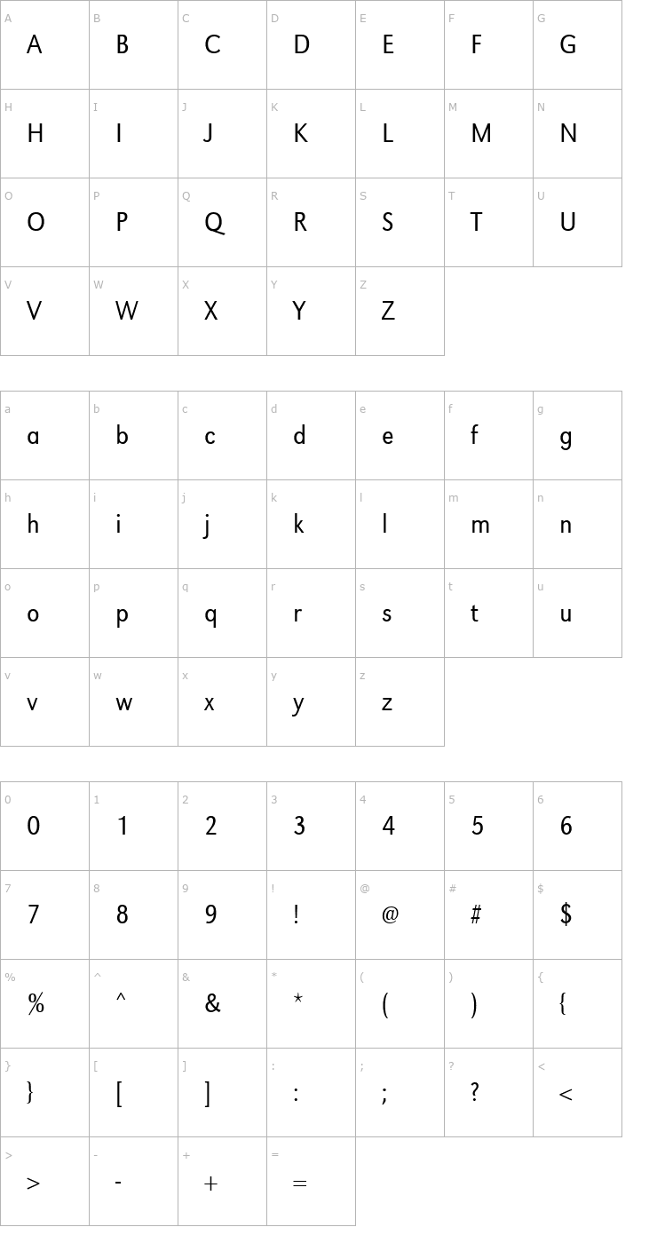 Character Map URWGroteskTLigExtNar Font