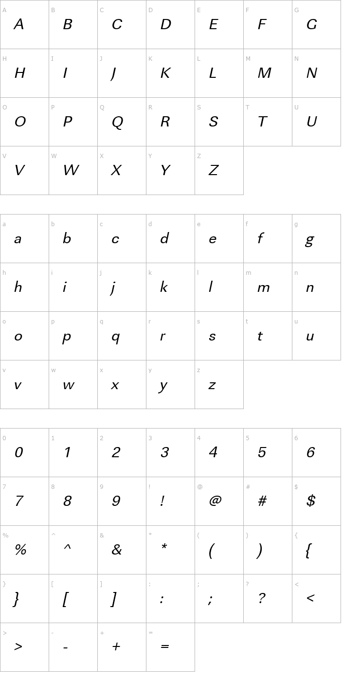 Character Map URWLinearT Oblique Font