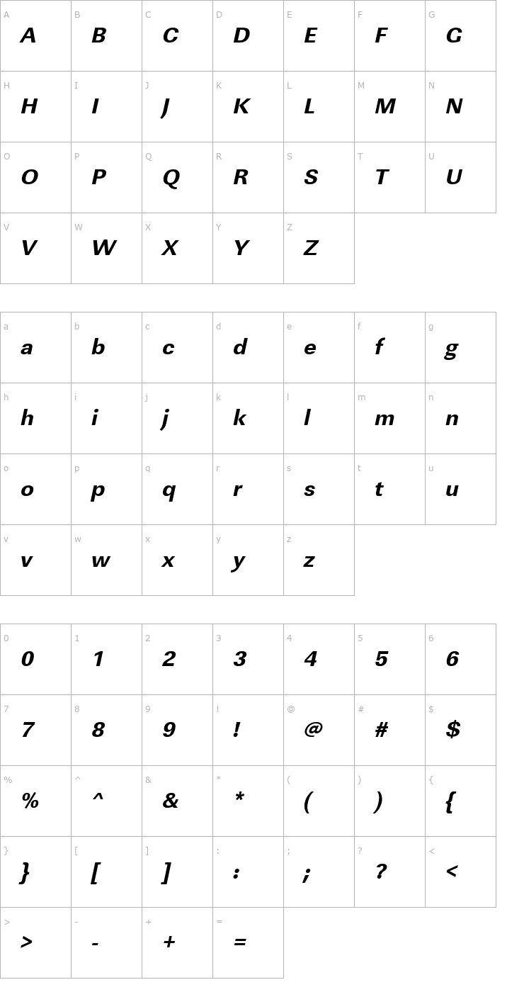 Character Map URWLinearTExtBol Oblique Font