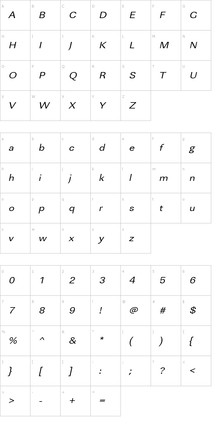 Character Map URWLinearTExtWid Oblique Font