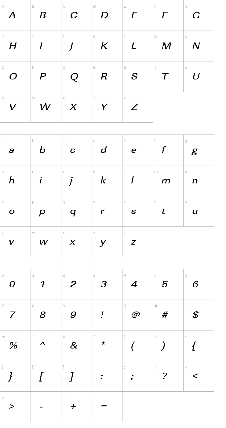 Character Map URWLinearTMedExtWid Oblique Font