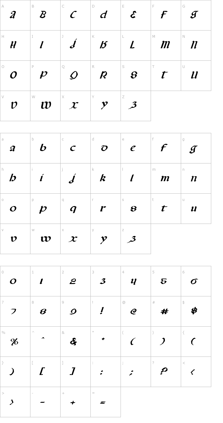 Character Map Valerius Expanded Italic Font