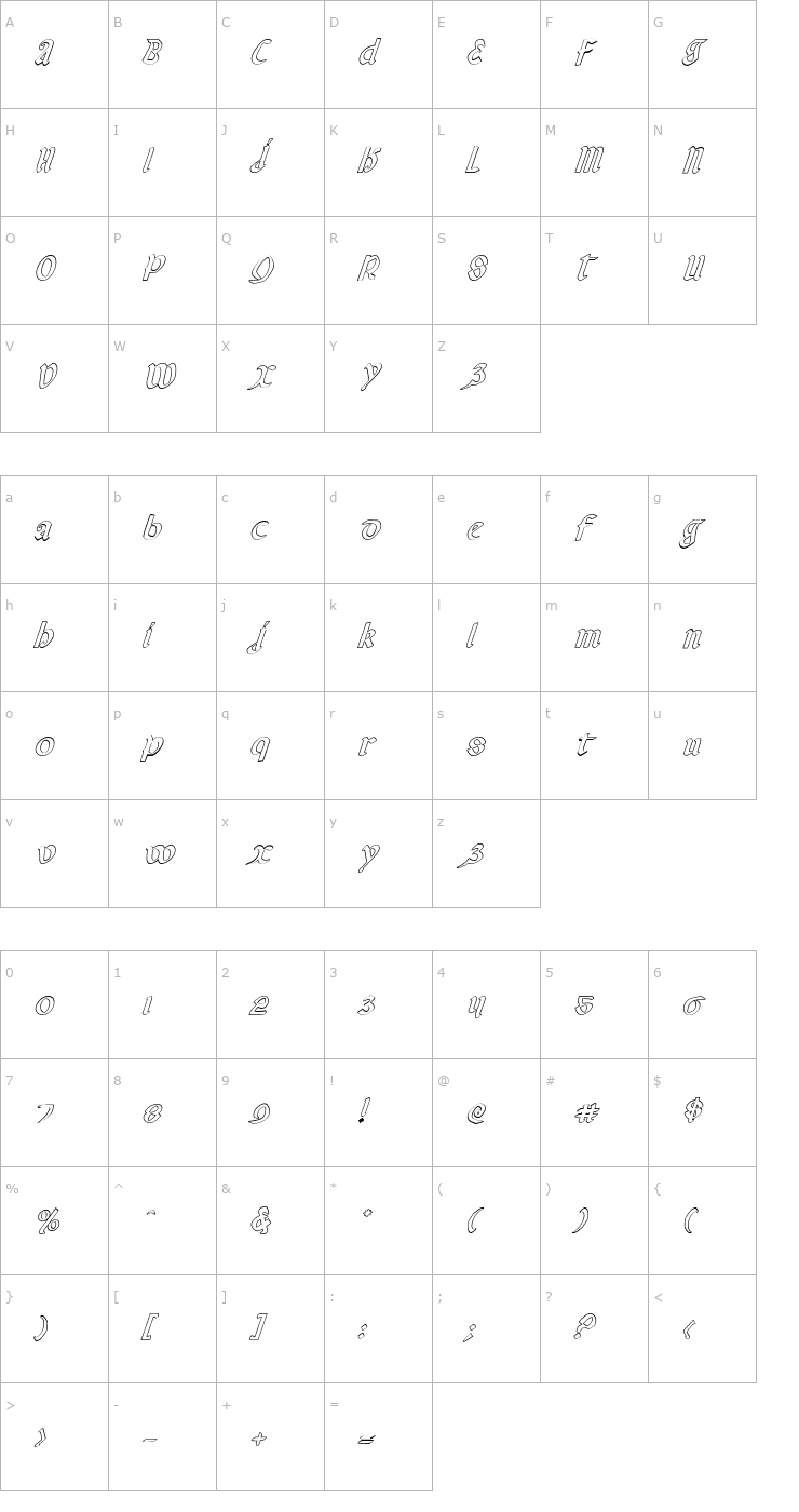 Character Map Valerius Outline Italic Font