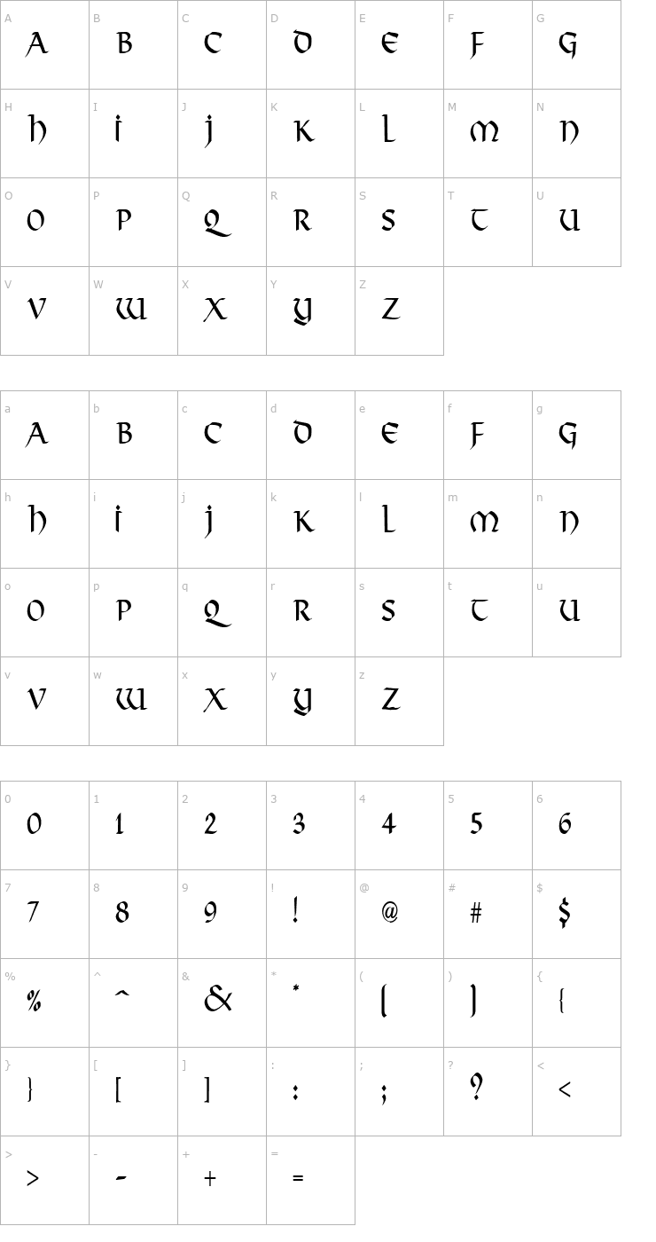 Character Map Valhalla Condensed Normal Font