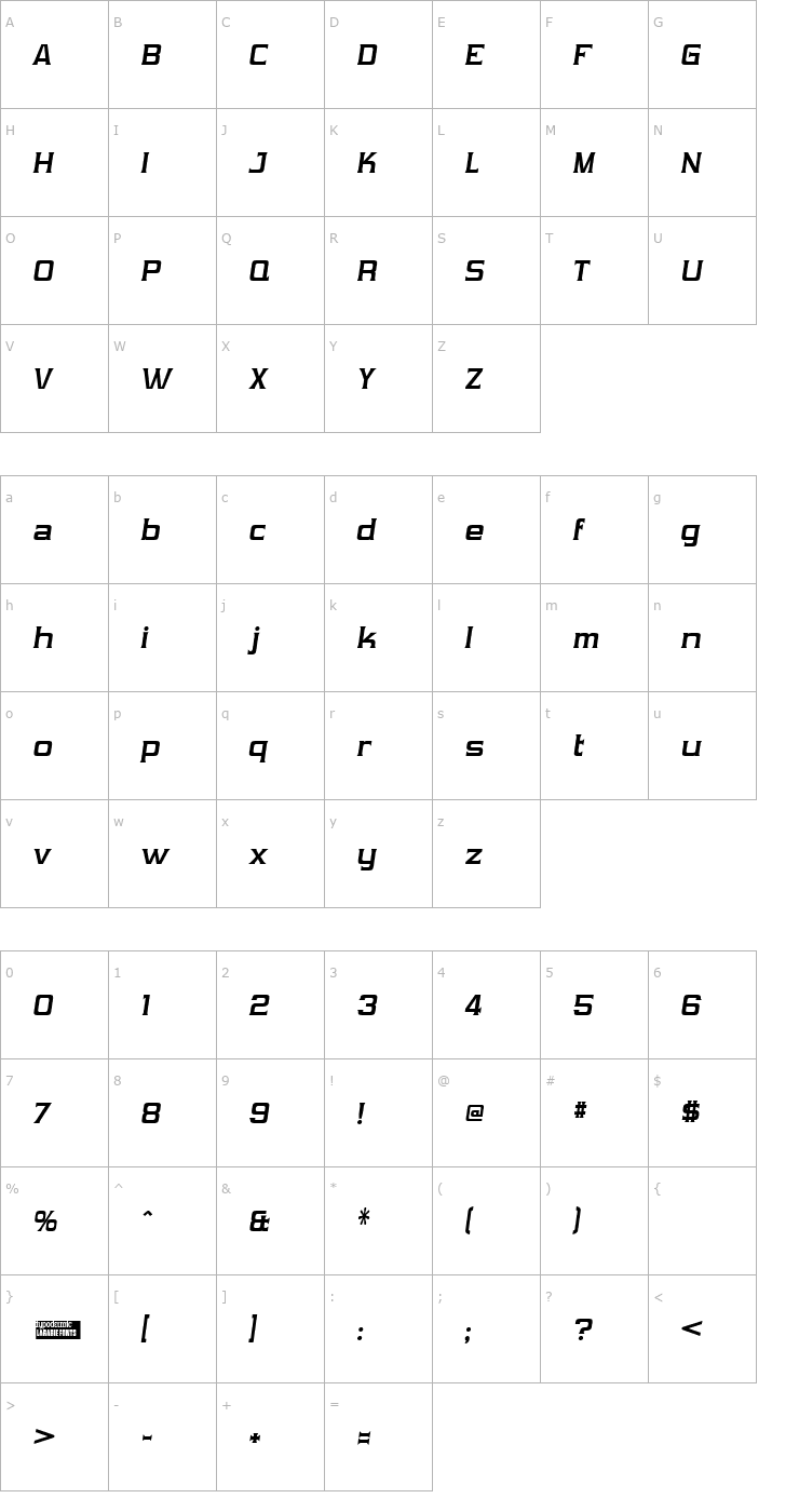 Character Map Vibrocentric Bold Italic Font