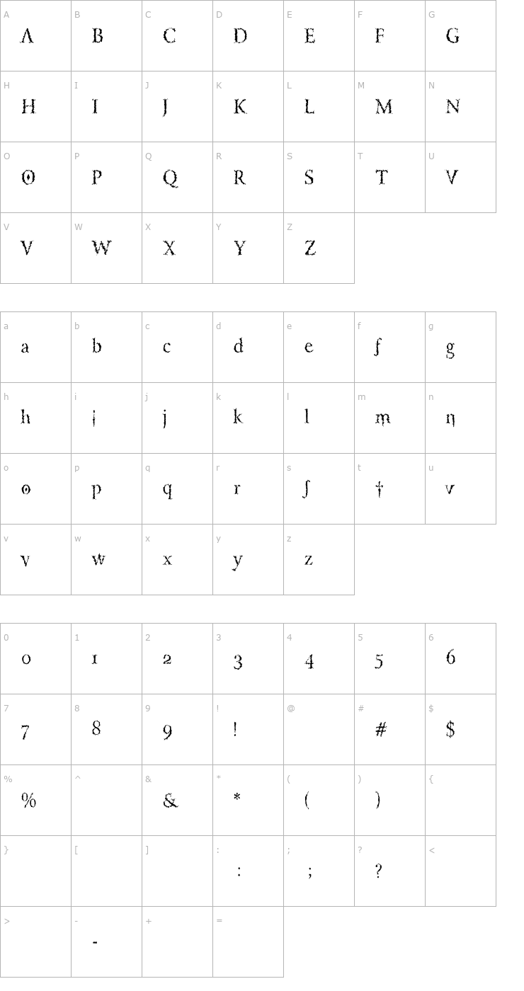 Character Map VTLucifersPension-Roman Font