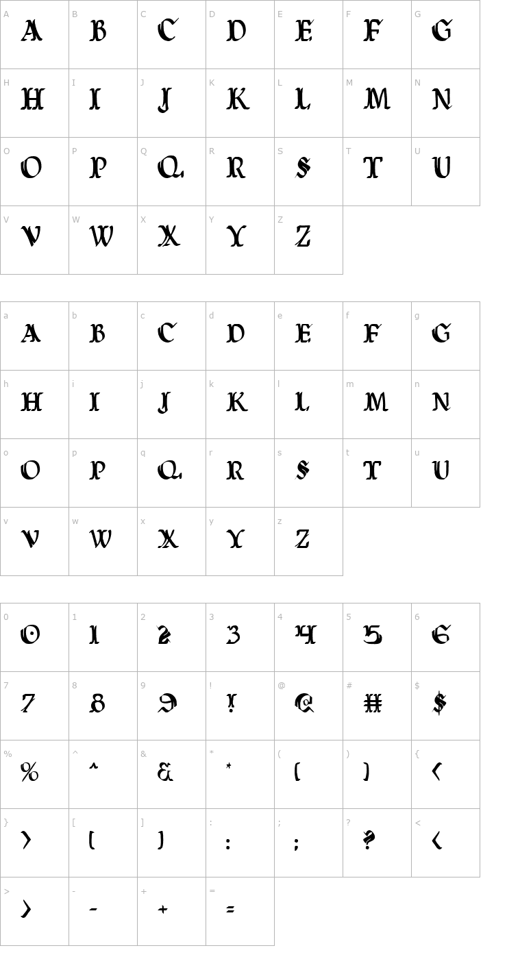 Character Map Wars of Asgard Condensed Font