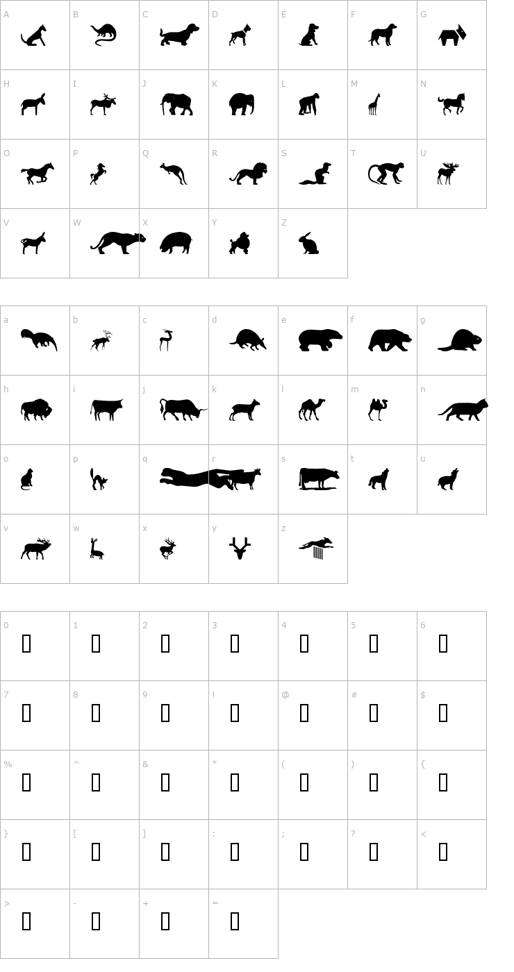 Character Map WM Animals 2 Font