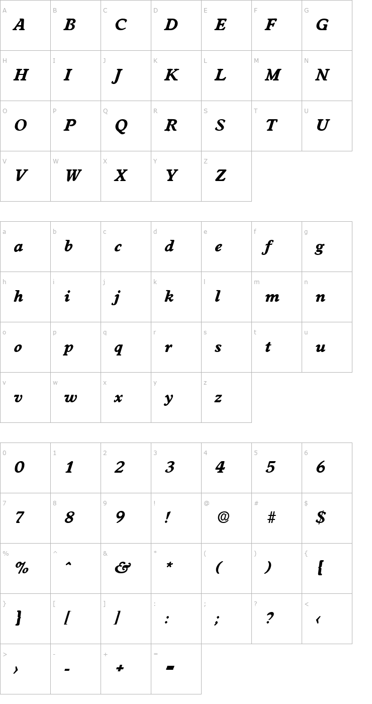 Character Map Worcester-Serial-ExtraBold-RegularItalic Font